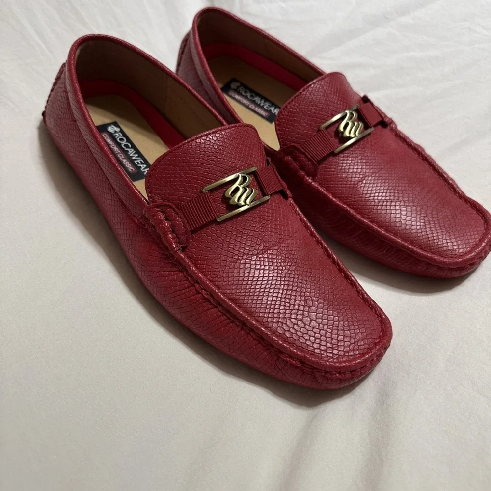 Rocawear Men's Red Faux Python Skin Driving Loafers Gold Buckle Size 10